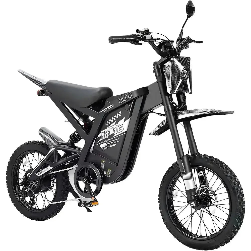 Ouxi GT16 fatbike in zwart, schuin vooraanzicht met stuur, koplamp en noppenbanden