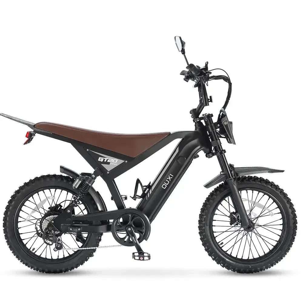 Ouxi GT20 Pro fatbike in zwart, zijaanzicht met bruin zadel, achtervering en noppenbanden