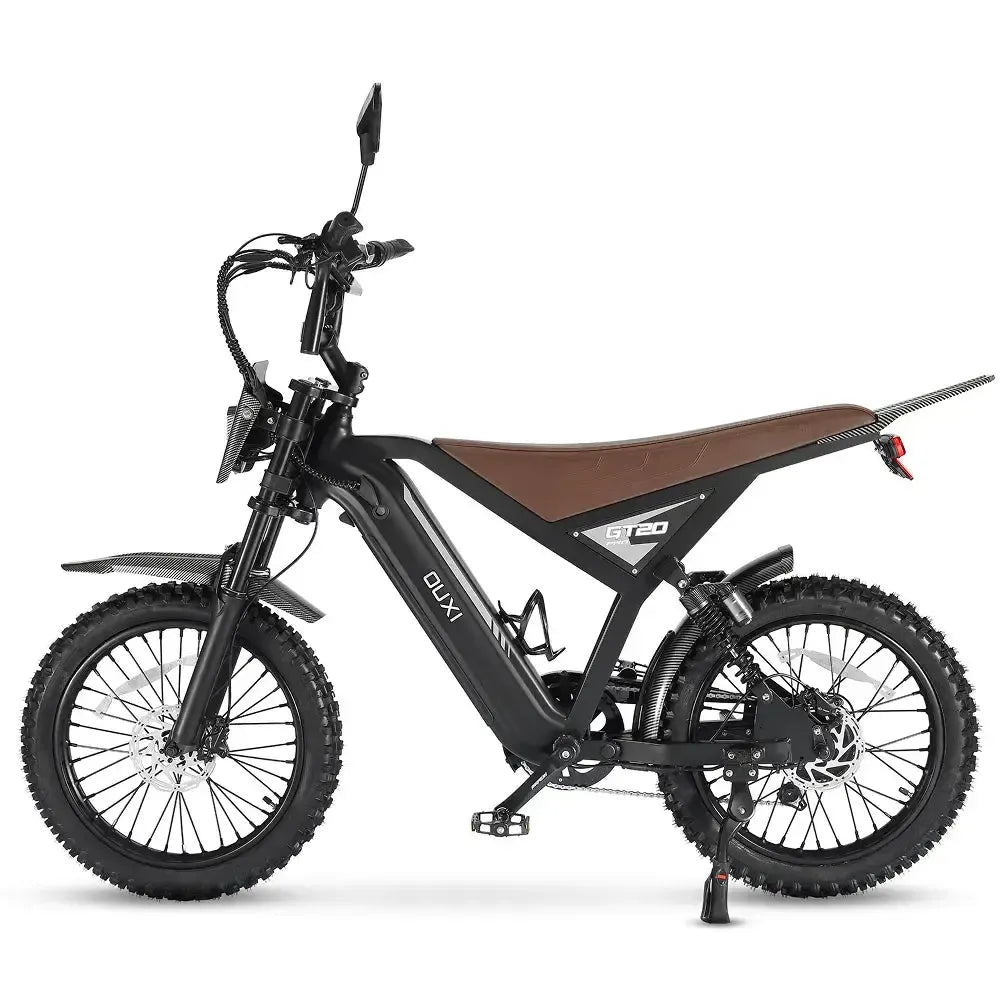 Ouxi GT20 Pro fatbike in zwart, zijaanzicht naar links gericht met uitgeklapte standaard