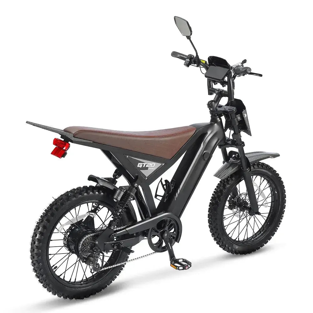 Ouxi GT20 Pro fatbike in zwart, schuin achteraanzicht met achterlicht, bruin zadel en display