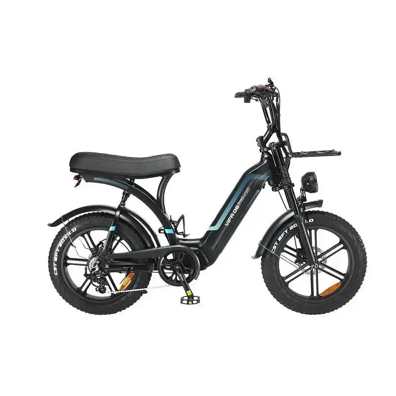 Ouxi Q8 fatbike in zwart, zijaanzicht van rechts met lang duozadel, voordrager en 20 inch fatbike-banden