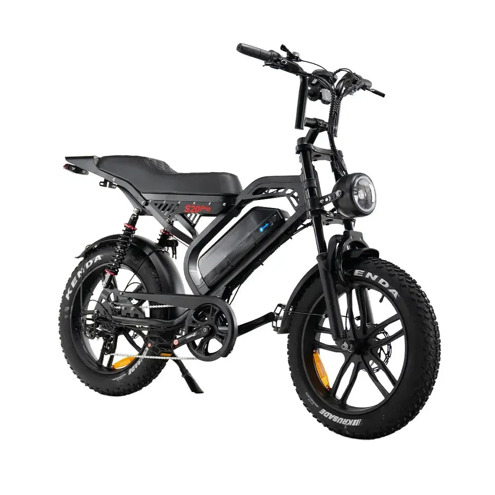 QMWheel S20 Pro fatbike in zwart, schuin vooraanzicht van rechts met ronde LED-koplamp
