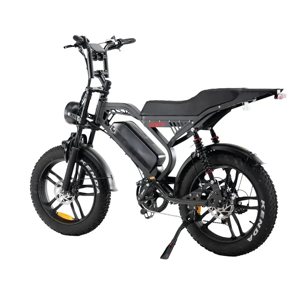 QMWheel S20 Pro fatbike in zwart, schuin achteraanzicht van links met uitgeklapte standaard