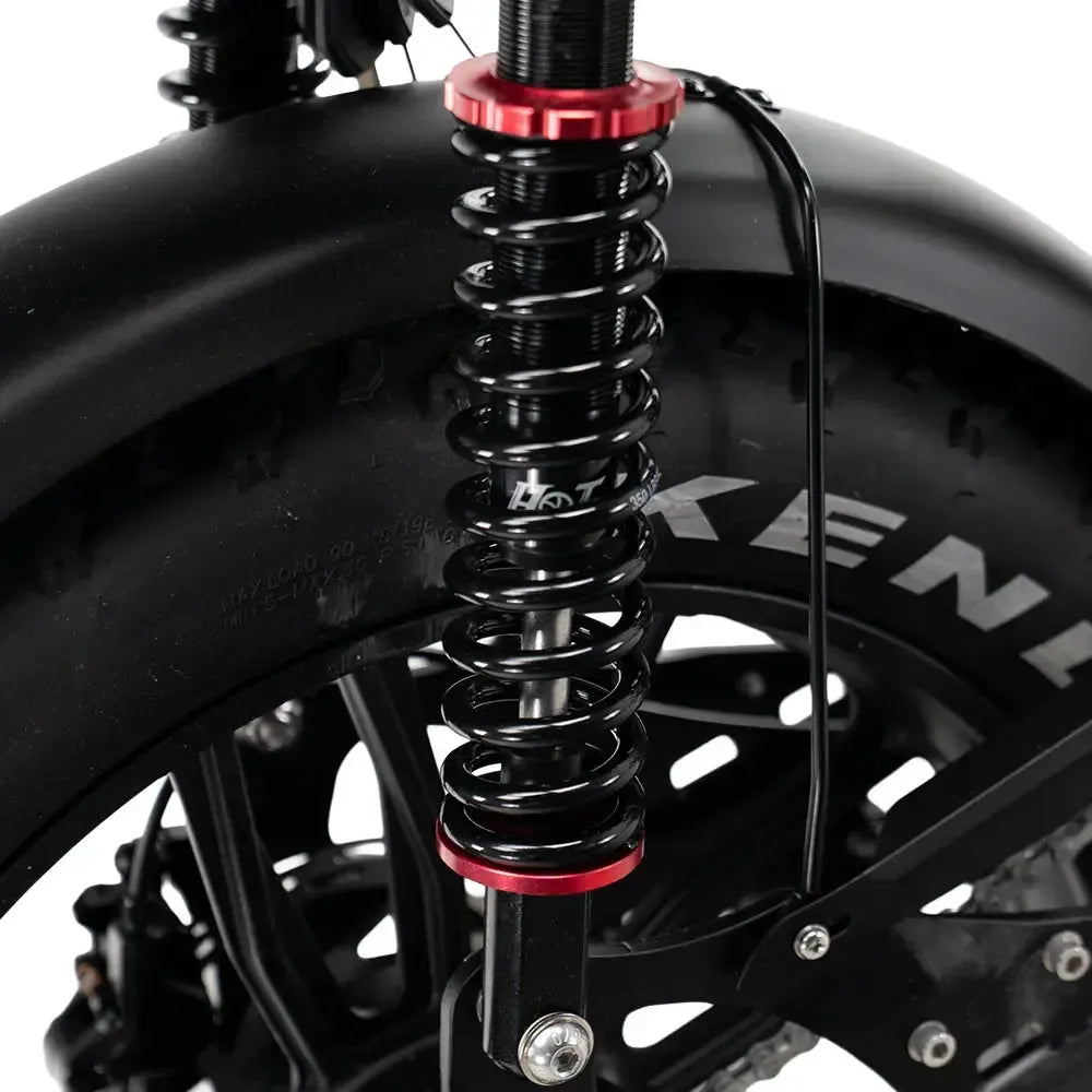 QMWheel S20 Pro fatbike in zwart, detail van de achtervering met rode veerschotels
