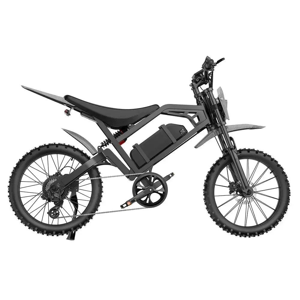 QMWheel V20 Cross fatbike in zwart, volledig zijaanzicht met ketting, zadel en noppenbanden