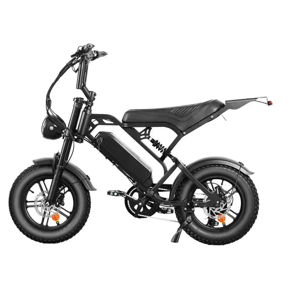 QMWheel V20 Mini fatbike in zwart, zijaanzicht links met koplamp, accu in het frame en schijfremmen