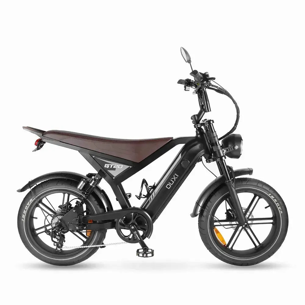 Ouxi GT20 fatbike in zwart, rechterzijaanzicht met lang bruin zadel en ronde koplamp