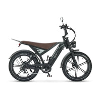 Ouxi GT24 fatbike in zwart, zijaanzicht van rechts met bruin zadel en ketting aan de aandrijfzijde