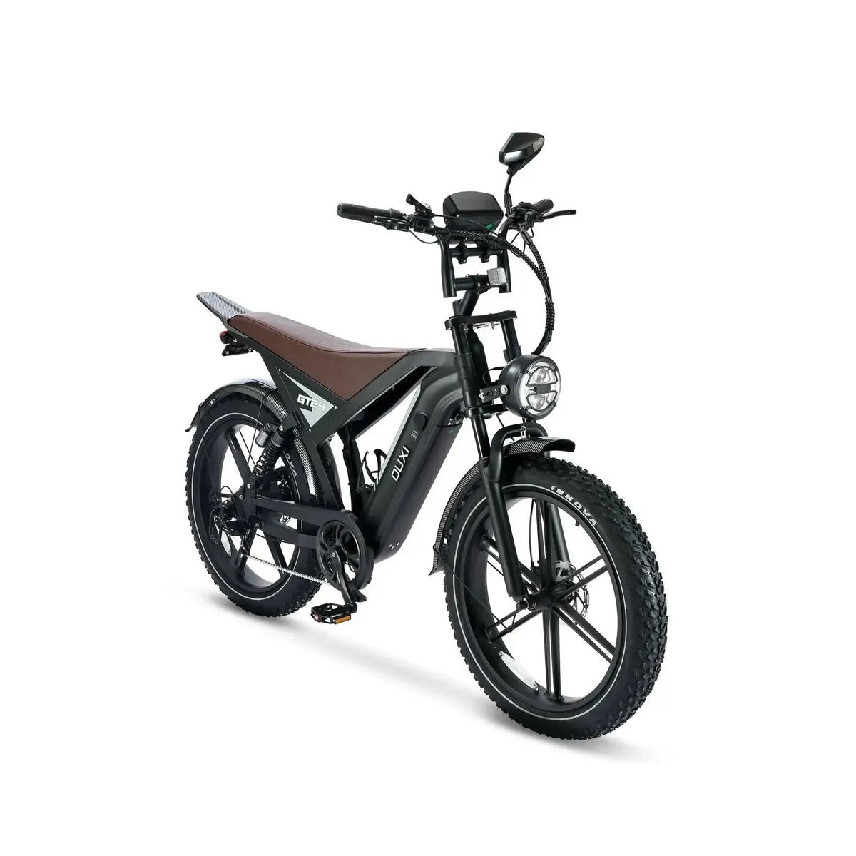 Ouxi GT24 fatbike in zwart, schuin vooraanzicht met ronde koplamp, display en dikke banden