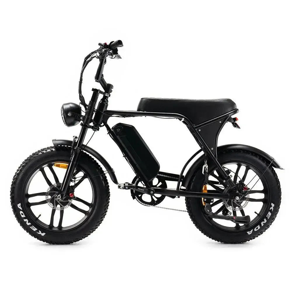 Ouxi V8 2025 fatbike in zwart, zijaanzicht van links met ronde koplamp, lang zadel en brede banden