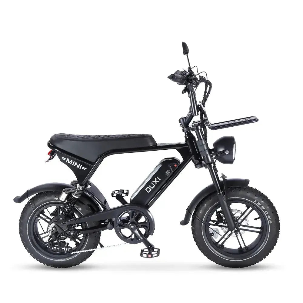 Ouxi V8 Ultra Mini fatbike in zwart, zijaanzicht rechts met ketting, voorrek en koplamp