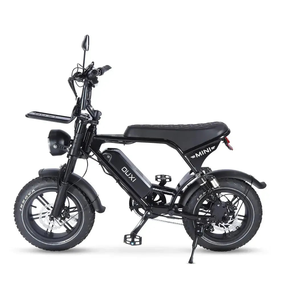 Ouxi V8 Ultra Mini fatbike in zwart, zijaanzicht links met zadel, accu en standaard