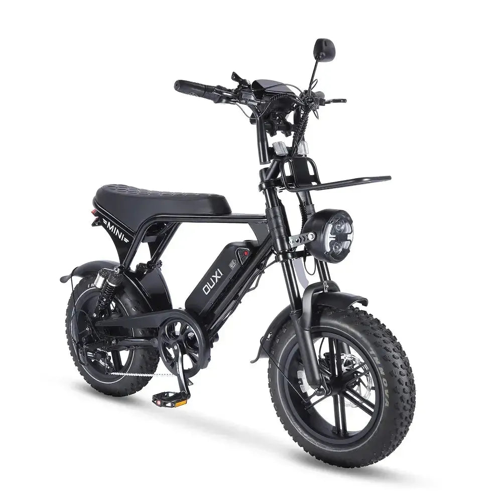 Ouxi V8 Ultra Mini fatbike in zwart, schuin vooraanzicht met koplamp en dikke banden