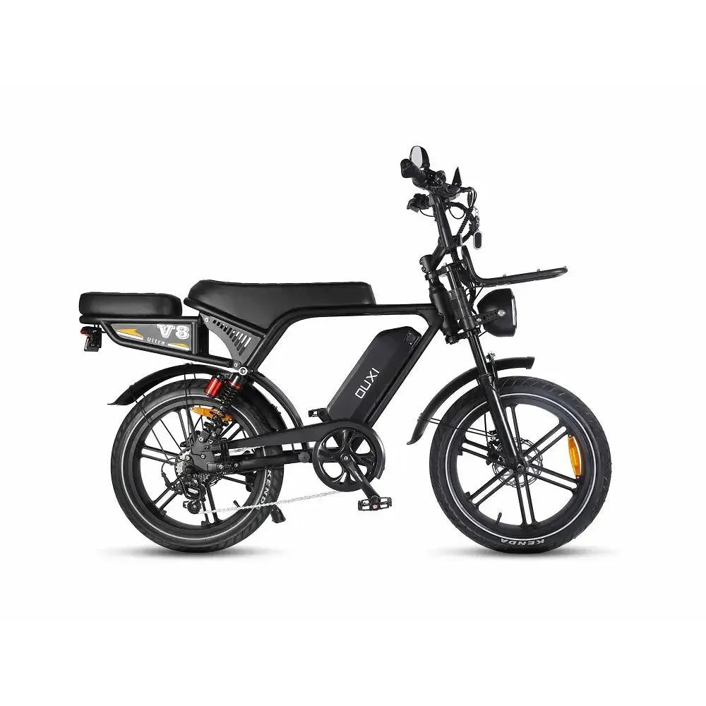 Ouxi V8 Ultra fatbike in zwart, zijaanzicht van de rechterkant met lang zadel en voorrekje