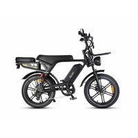 Ouxi V8 Ultra fatbike in zwart, zijaanzicht van de rechterkant met lang zadel en voorrekje