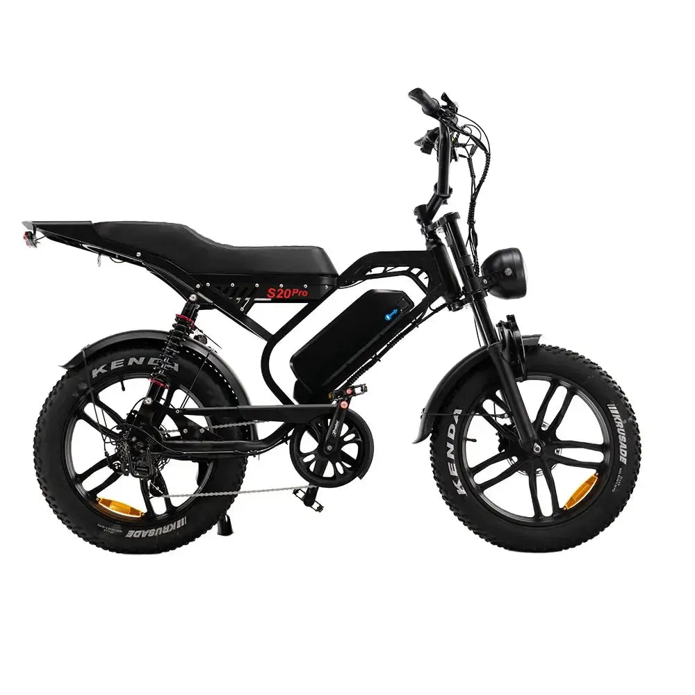 QMWheel S20 Pro fatbike in zwart, zijaanzicht van rechts met lange buddyseat en Kenda-banden