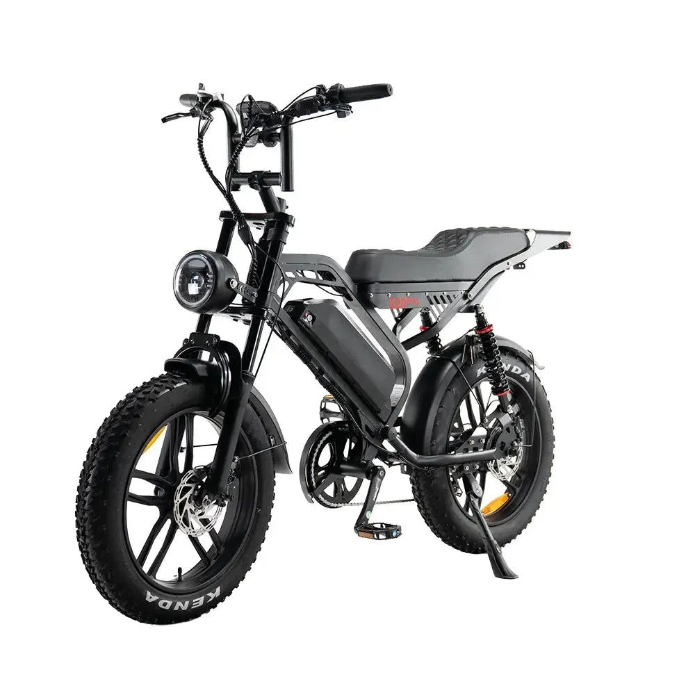 QMWheel S20 Pro fatbike in zwart, schuin vooraanzicht van links met schijfrem voor