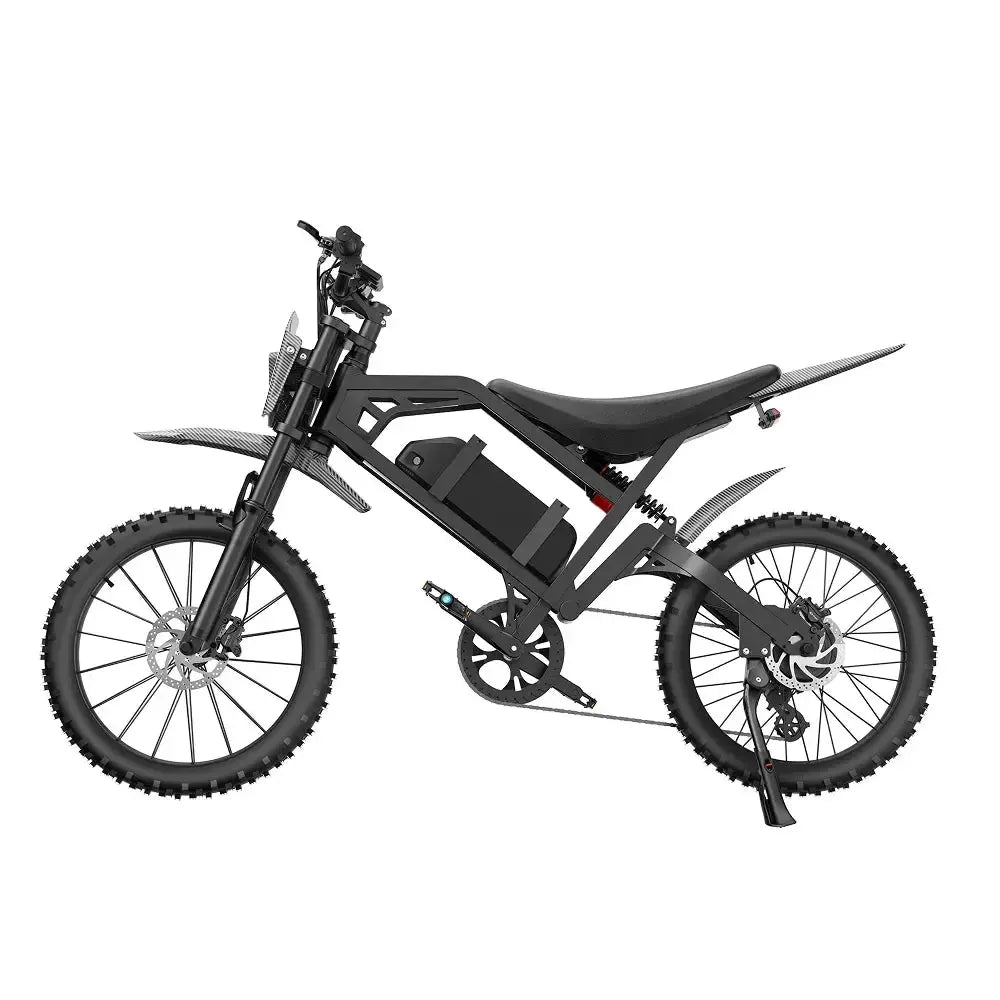 QMWheel V20 Cross fatbike in zwart, zijaanzicht van de andere kant met schijfremmen en standaard