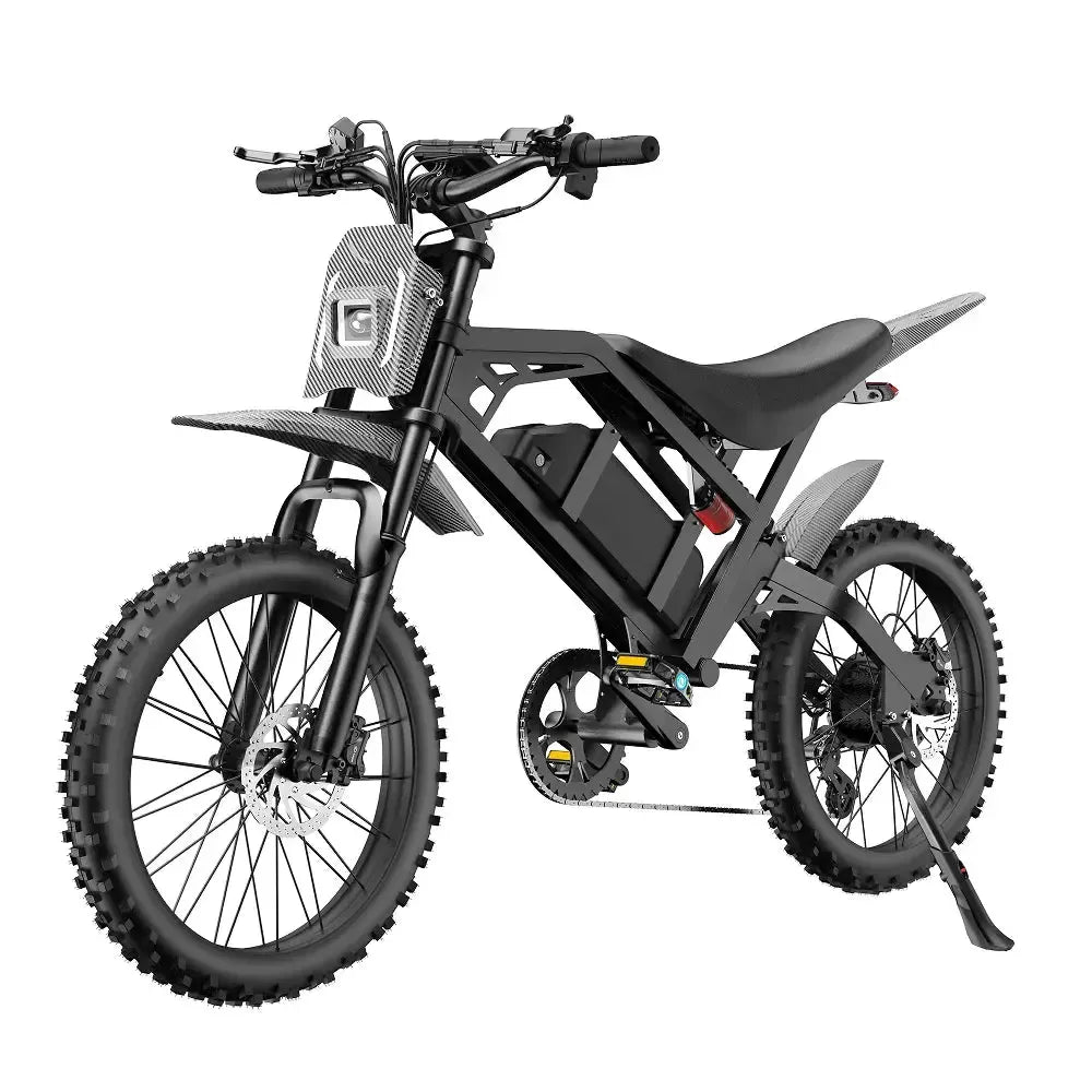QMWheel V20 Cross fatbike in zwart, schuin vooraanzicht met voorplaat, voorvork en schijfrem