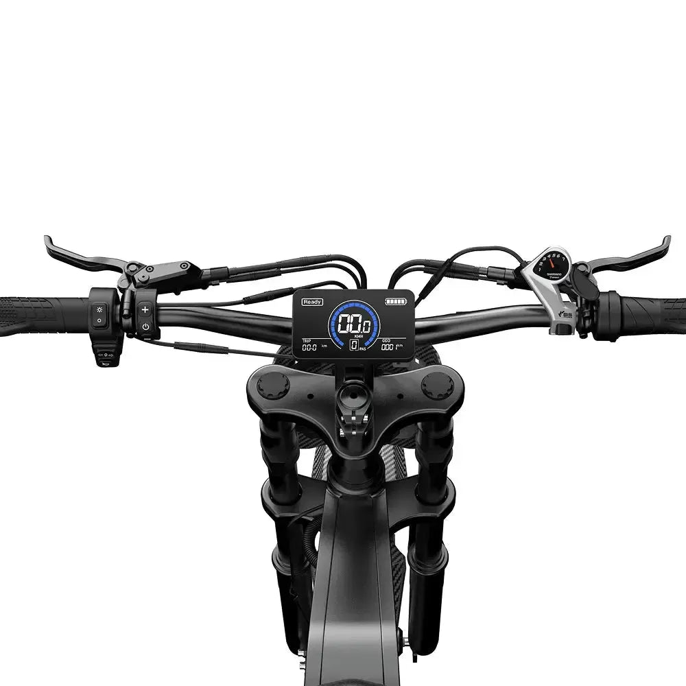 QMWheel V20 Cross fatbike in zwart, detail van het stuur met digitaal display en remhendels