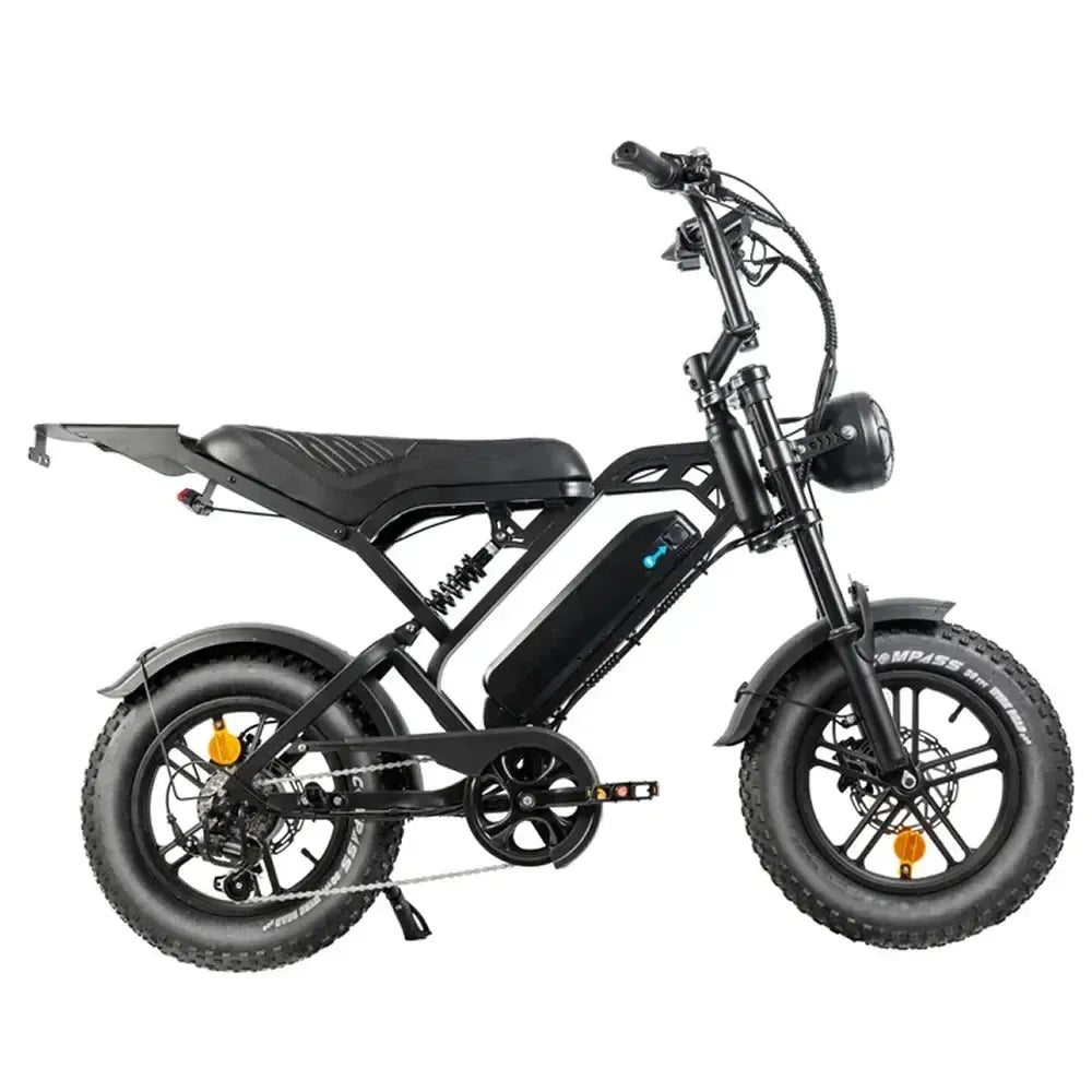 QMWheel V20 Mini fatbike in zwart, zijaanzicht rechts met lang zadel, bagagedrager en dikke banden