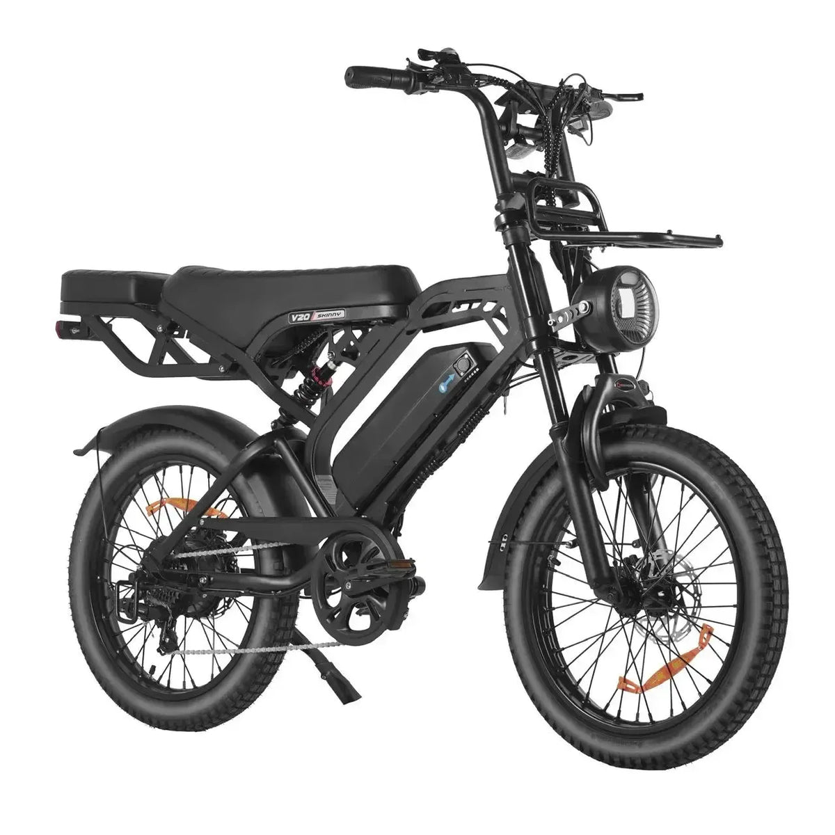QMWheel V20 Pro Skinny Bike skinnybike in zwart, schuin vooraanzicht met koplamp, voorrek en accu