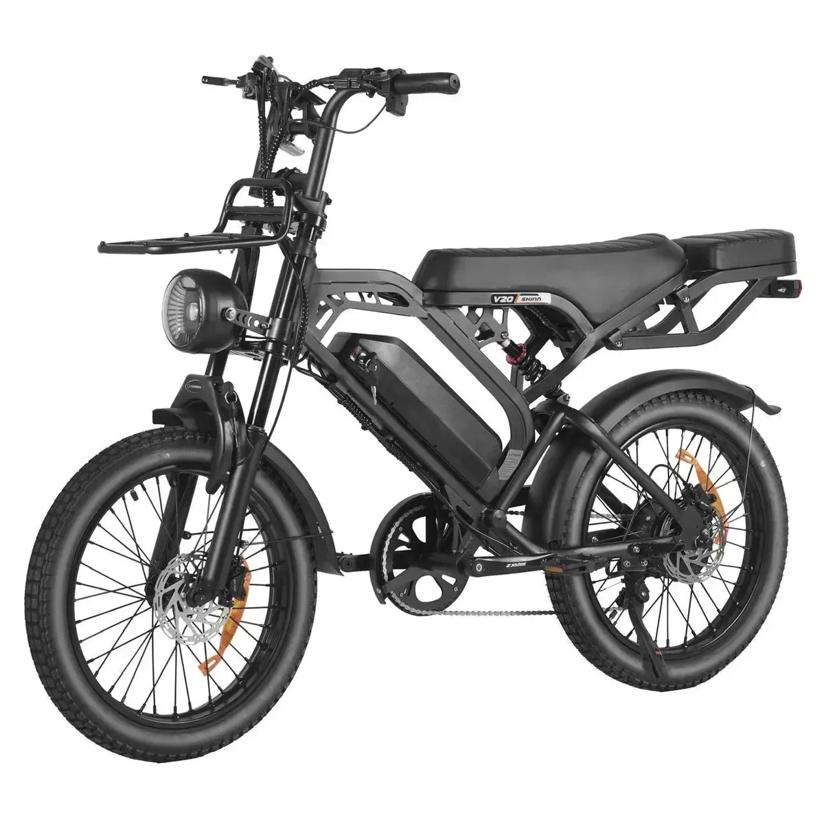 QMWheel V20 Pro Skinny Bike skinnybike in zwart, schuin vooraanzicht van de andere kant met lang zadel