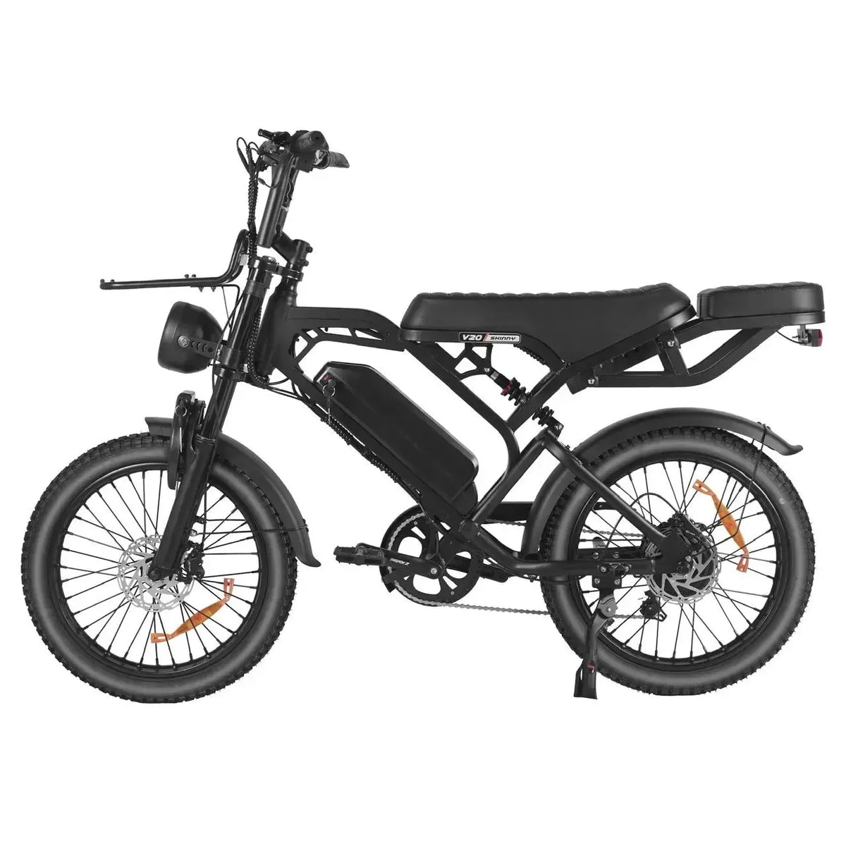 QMWheel V20 Pro Skinny Bike skinnybike in zwart, zijaanzicht met schijfremmen, zijstandaard en achterdrager